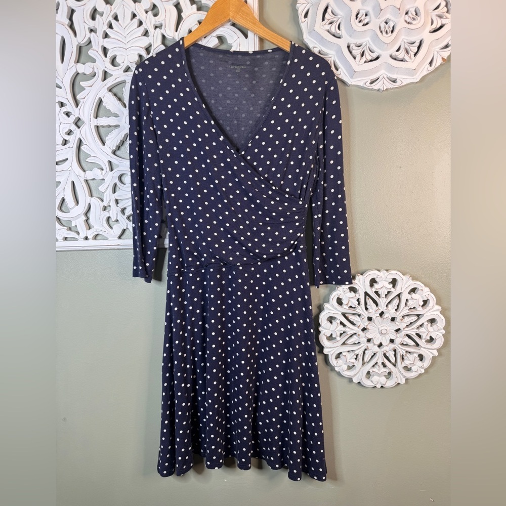 Garnet Hill Navy a blue Polka Dot Faux Wrap Dress Small
